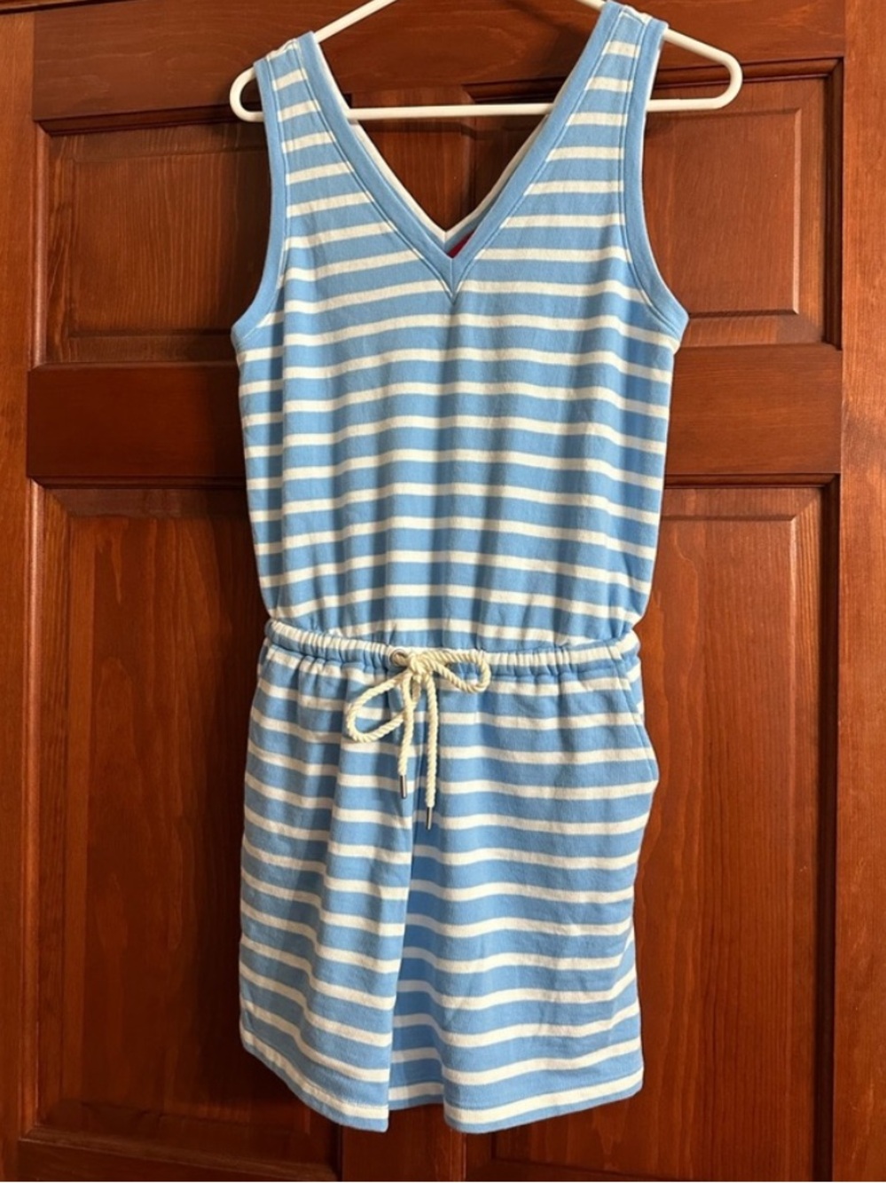 Lou & Grey Light Blue & White Striped Knit Top with Red Trim - small